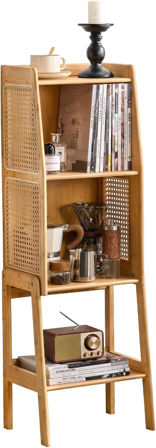 Welnow Bamboo Rattan Bookcase with Cabinet, 2-Tier Storage Shelf with Side Table & End Table Function, Large Modern Wood Organizer for Living Room or Bedroom, Natural Bookshelf