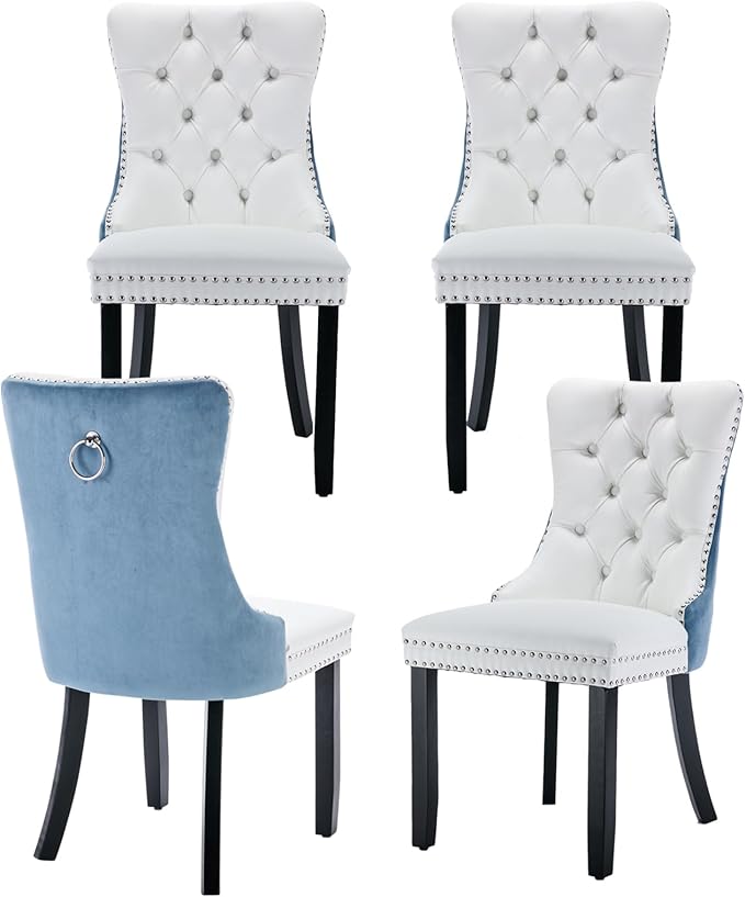 Dining Room Chairs Set of 4, Upholstered Tufted Dining Chairs with High Back, Nailhead Trim and Solid Wood Legs, Modern Dinning Chair for Dining Room, Black Pu Leather Splicing Blue Velvet