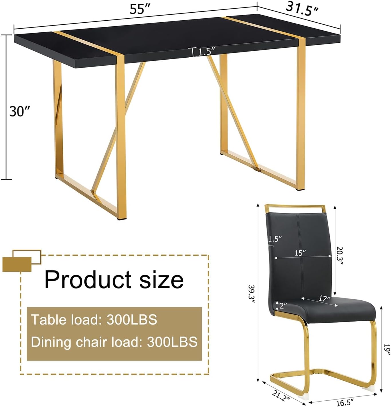 Modern Dining Table Set for 6, 55" Black Dining Table Set with 6 Faux Leather Chairs, Black Glossy Tabletop with Golden Stainless Steel Legs, 7 Piece Dinning Set Ideal for Small Space