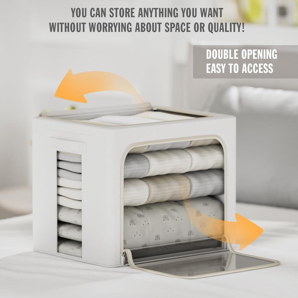 FHSQX 2 Pack Clear Window Storage Bins Large Stackable Linen Fabric Storage for Clothes Foldable Container Organizer Set with Carrying Handles (Lvory White, 23.6x 16.5x 15.7 Inch)