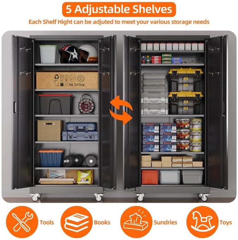 Aobabo Metal Storage Cabinet with Wheels and Door Pegboard | Garage and busin...