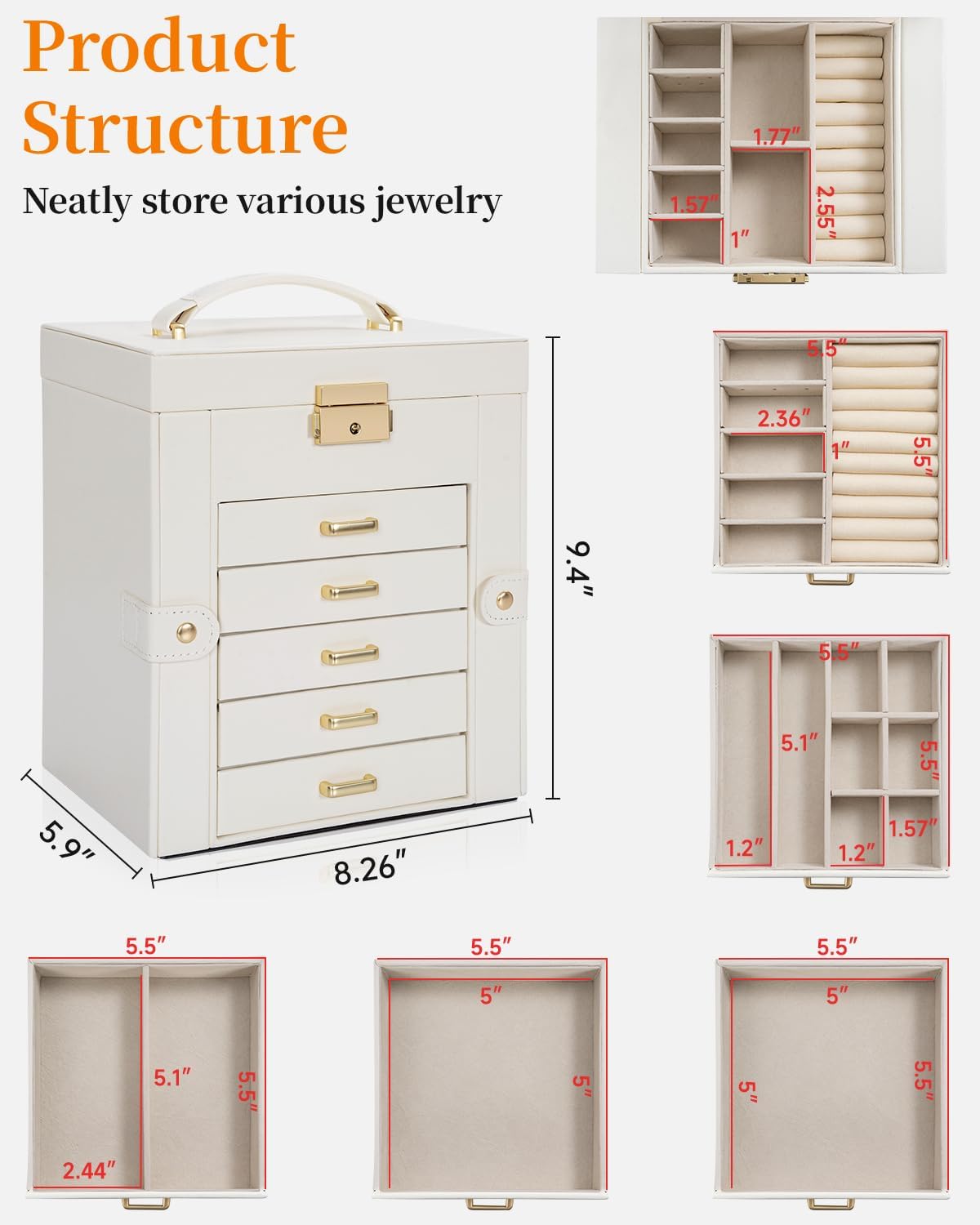 TORIBIO Large Jewelry Box for Women, Leather Jewelry Organizer with Mirror & Lock, 6-Tier Jewelry Storage Case for Girls/Women/Mothers, Necklace Earring Bracelets Holder Organizer