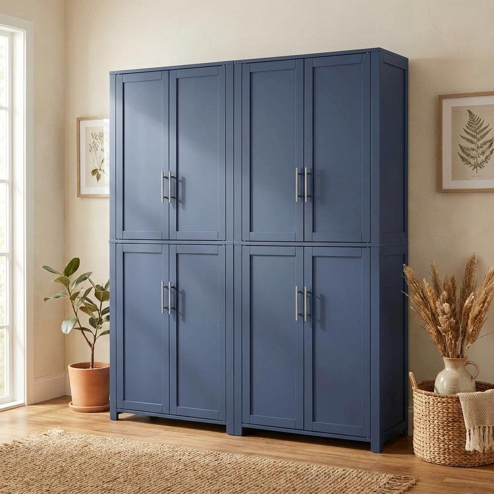Furnifact Blue Pantry Cabinets Two-Piece Storage Set with Anti-Tip Mechanism ...