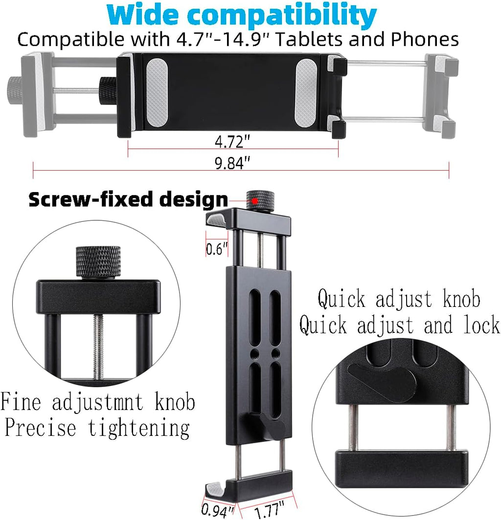 Aluminum Dual Arm Tablet Mount with Super Clamp for Rails 0.5'' to 2'' in Diameter, Side Mount Tablet Holder for Mic Stand, Compatible with iPad Pro 12.9 Air Mini, Galaxy Tab, 4.7-12.9" Tablets