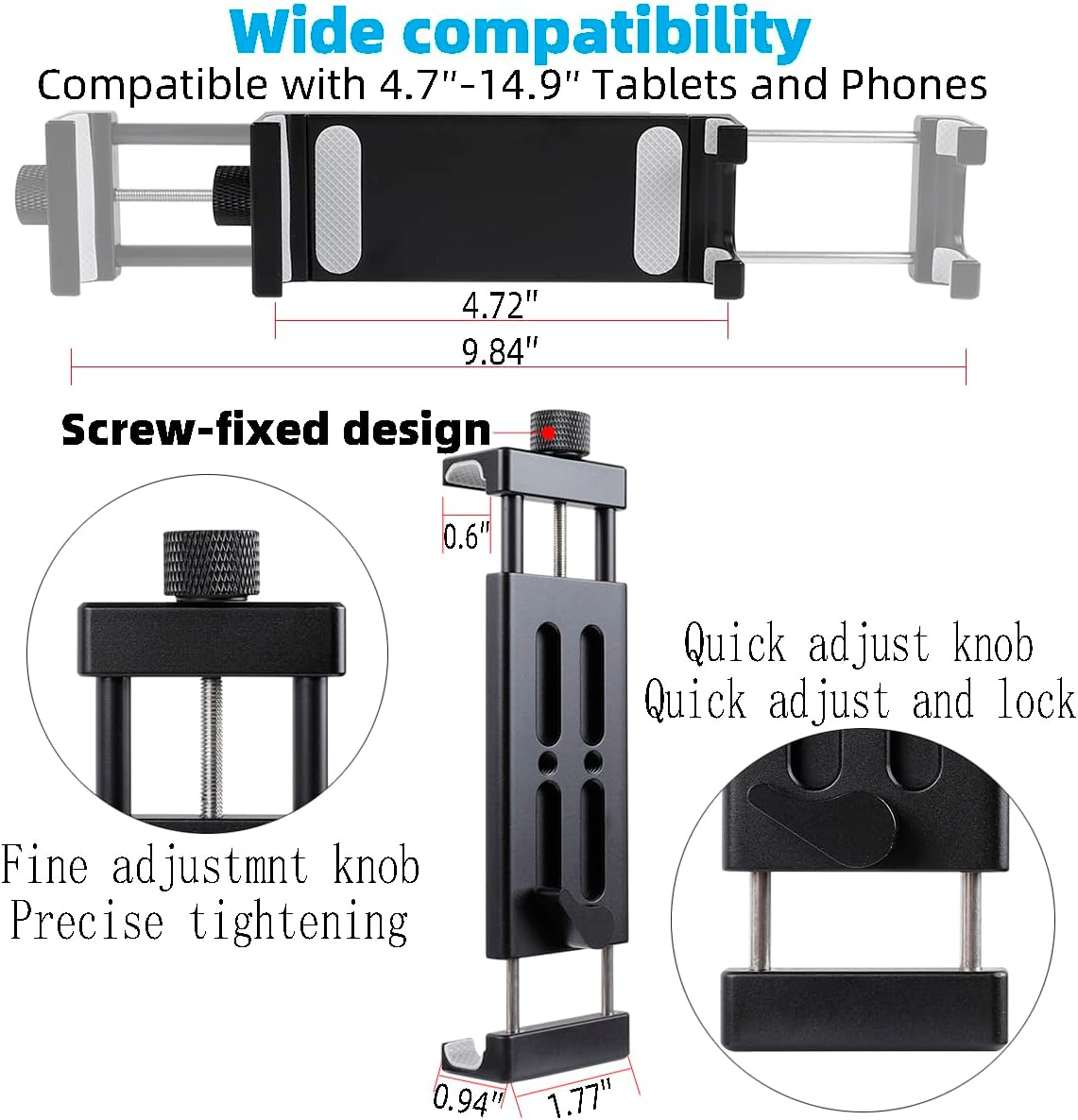 Aluminum Dual Arm Tablet Mount with Super Clamp for Rails 0.5'' to 2'' in Diameter, Side Mount Tablet Holder for Mic Stand, Compatible with iPad Pro 12.9 Air Mini, Galaxy Tab, 4.7-12.9" Tablets