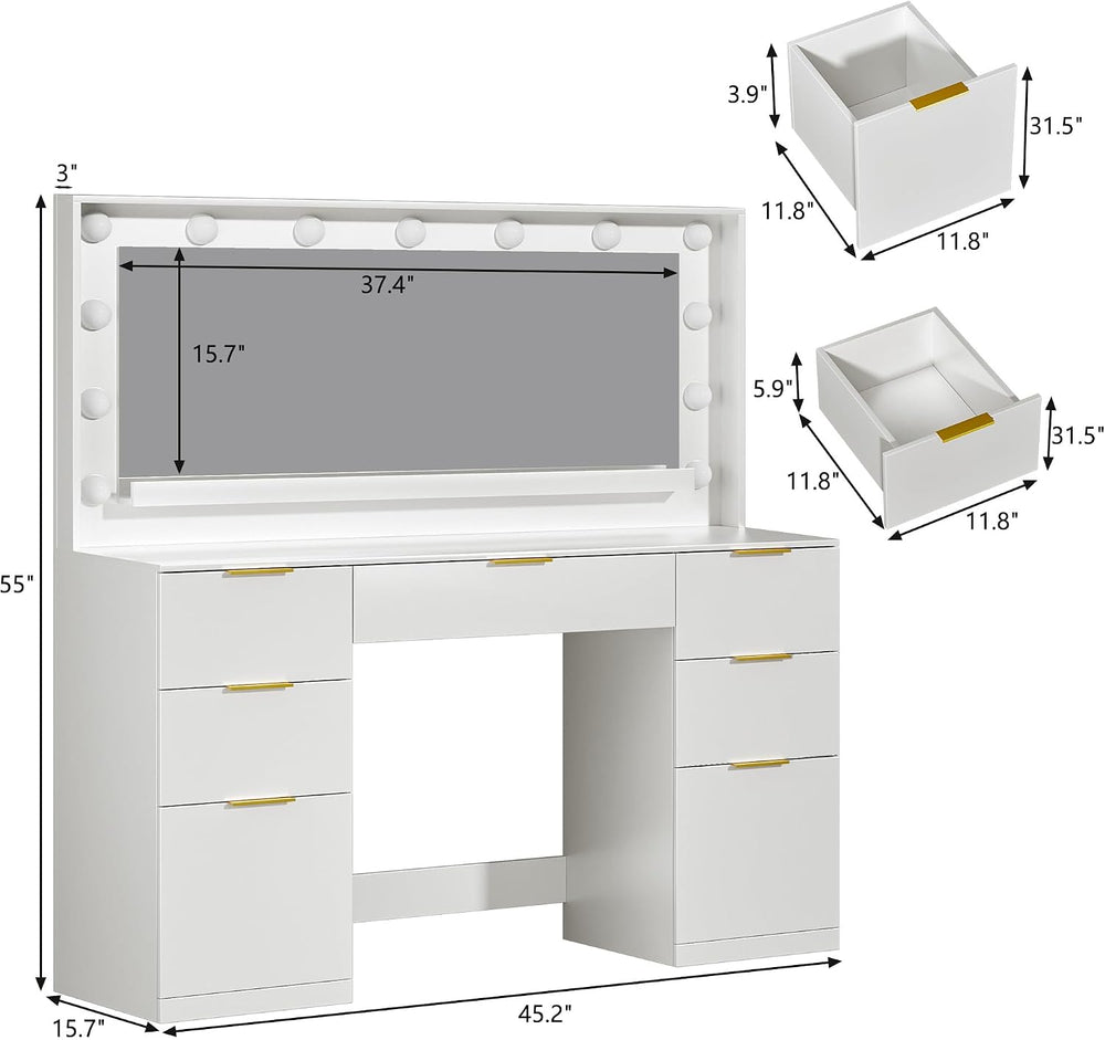 ALEXNUTRE Vanity Desk with Mirror and Lights, 45.3in Makeup Vanity with 7 Dra...
