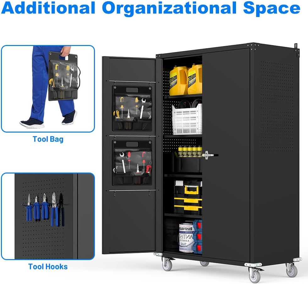 Yeeoy 72" Wide & Deep Metal Garage Storage Cabinet with Wheels, Blac...