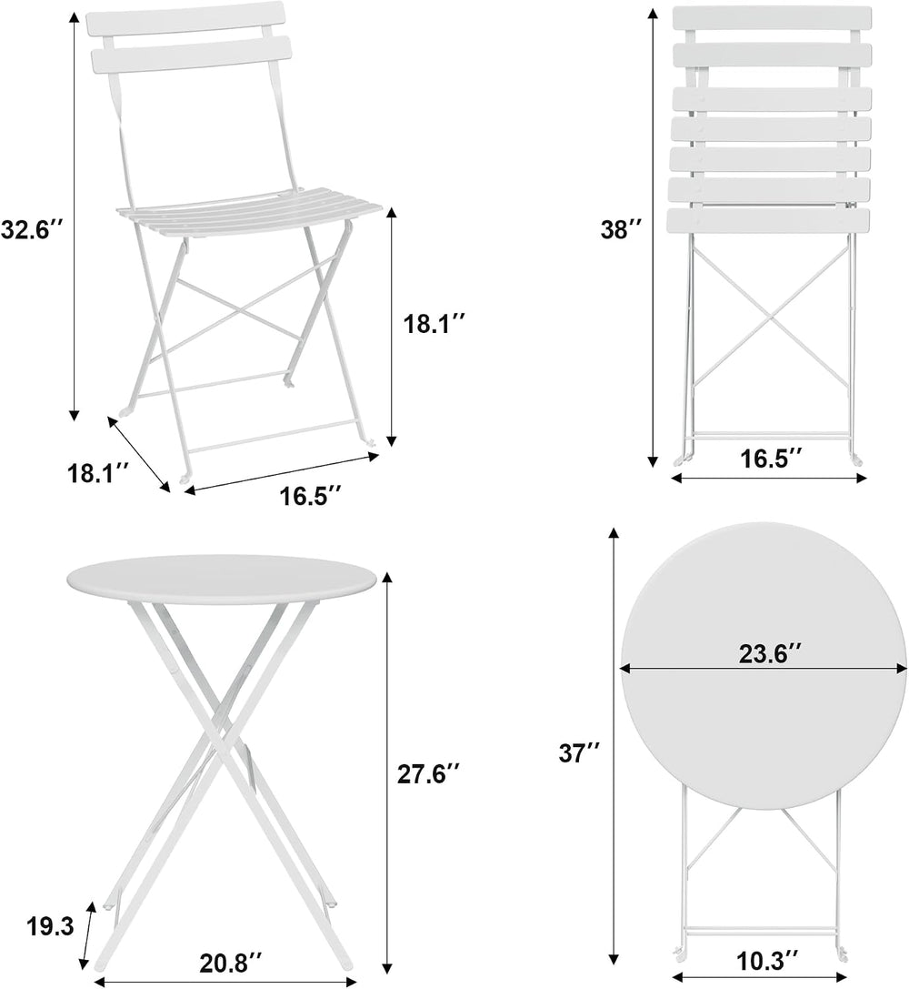 Bistro Table and Chairs Set of 2, 3 Piece Folding Patio Bistro Set, White