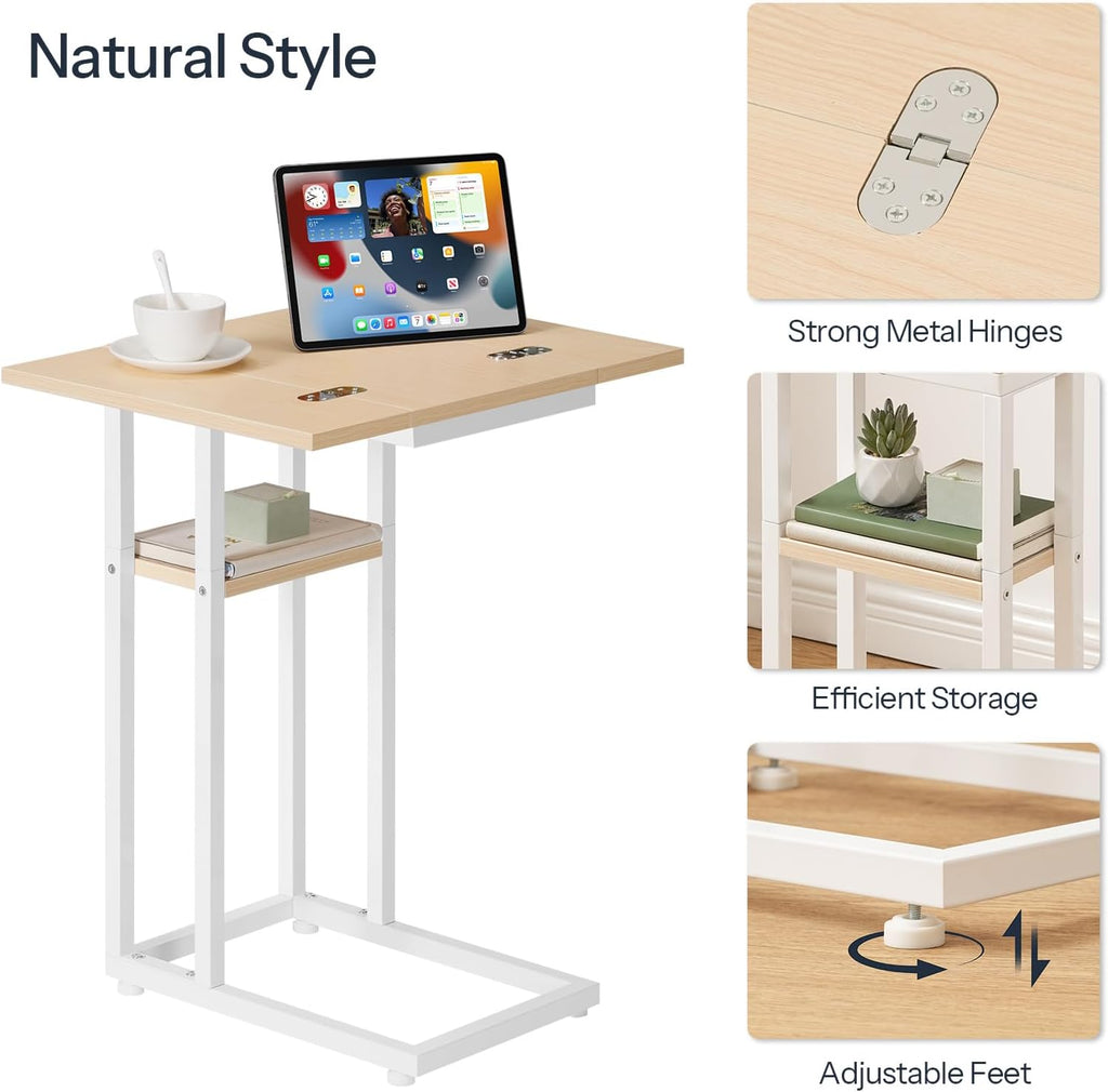 HOOBRO Foldable C Shaped End Table, C Shaped Side Table with Storage Shelf, Small Snack Table, Slide Under Couch Table for Sofa, Living Room Bedroom Small Spaces Easy Assembly, Natural WN29SF01