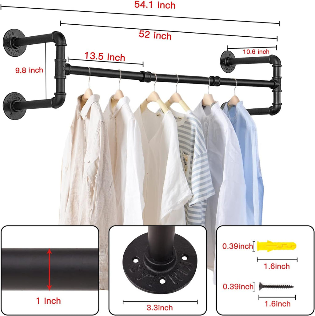 Wall Mounted Clothes Rack - 54" Industrial Pipe Clothing Garment Rack, Space-Saving Heavy Duty Detachable Black Iron Clothes Hanger Pole, Multi-Purpose Hanging Rod for Closet Storage, 4 Base