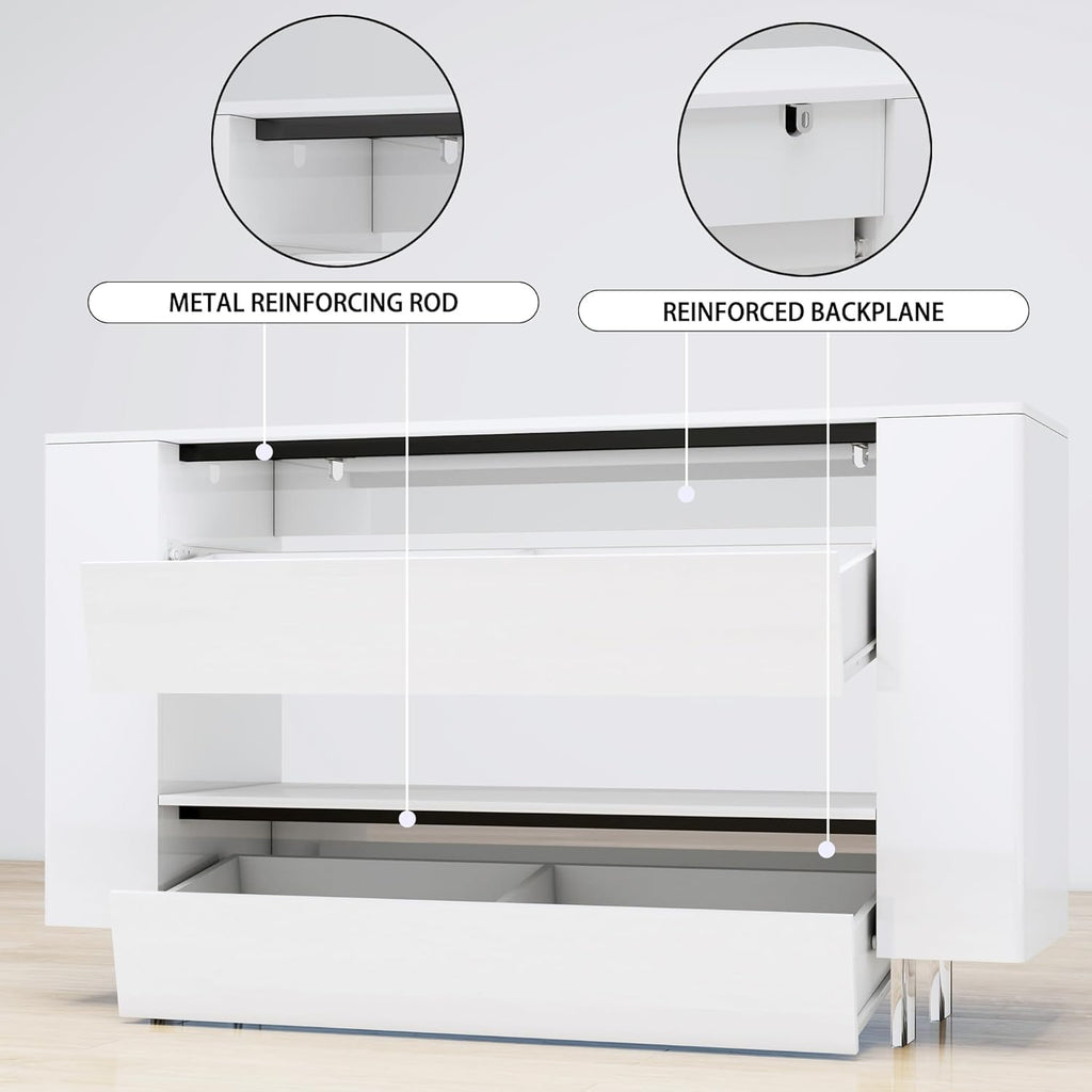 TV Stand High Gloss TV Cabinet with 2 Large Drawers & Push-Open Doors, Modern TV Console Storage Cabinet for Living Room, Office, White