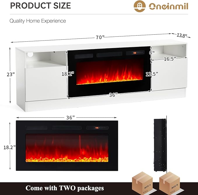 oneinmil Fireplace TV Stand with 36" Electric Fireplace, LED Light Entertainment Center, Modern Wood Texture Highlight Storage Cabinet for TVs Up to 80", 70 inches,White