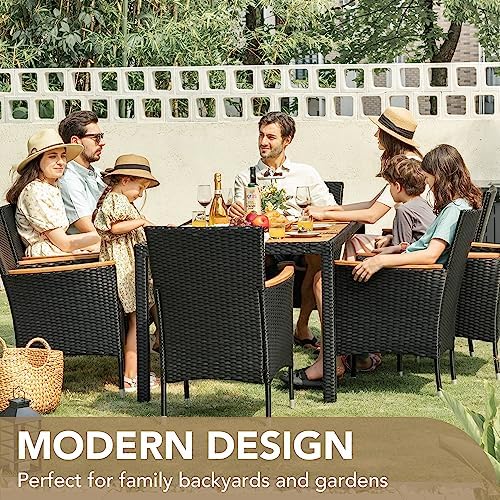 Devoko 9 PCS Acacia Wood Patio Dining Set, Black Rattan