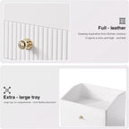 Office Accessories,Begie White Vegan Leather Office Supplies with 3 Drawers & Tray for Desk,Perfume Organizer with Gold-Tone Metal Accents Knob for End Tables,Bedside Table,Bedroom