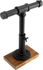 MyGift Industrial Pipe Black Metal T-Bar Jewelry Bracelet & Necklace Adjustable Height Display Stand with Brown Wood Base