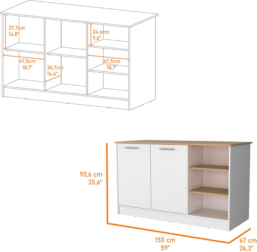 Melamine Kitchen Island with Two Doors and Three Open Shelves | Two doors wit...