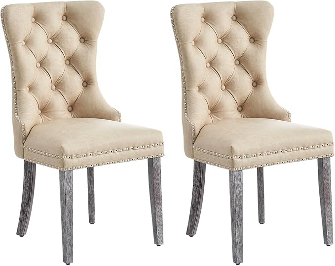 Leather Dining Chair Set of 2, Dining Room Chairs with Nailhead Ring Pull Tri...