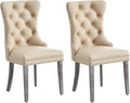 Leather Dining Chair Set of 2, Dining Room Chairs with Nailhead Ring Pull Trim, Upholstered Dining Chairs with Solid Wood Legs for Kitchen Dining Room (Beige)