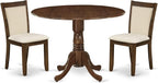 East West Furniture DLMZ3-AWA-32 3 Piece Kitchen Table Set for Small Spaces Consist of a Round Wooden Table with Dropleaf and 2 Upholstered Parson Chairs, 42x42 Inch, Antique Walnut