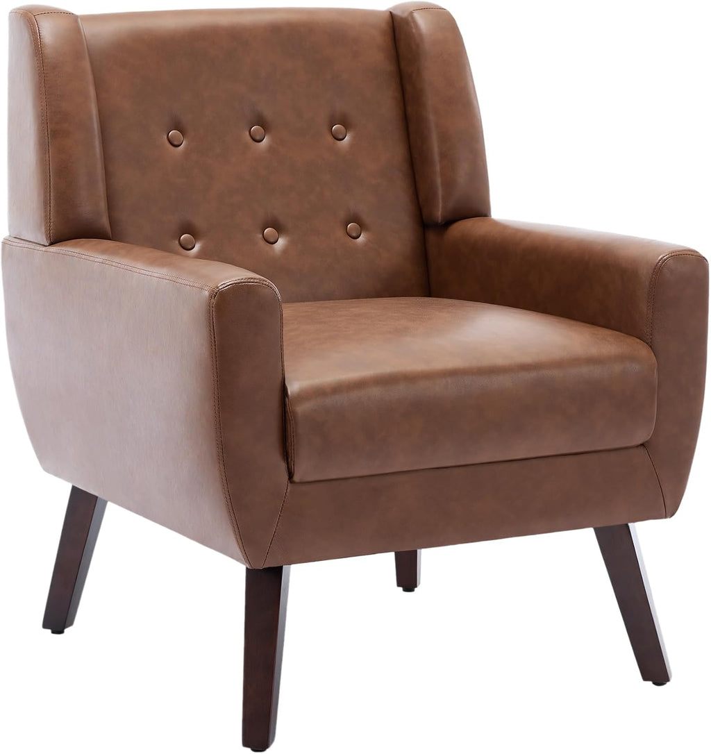PU Leather Accent Chair, Modern Upholstered Armchair, Coffee | Comfy Wingback Chair with Removable Cushion, Wood Frame, Button Tufted Living Room Chair Bedroom Side Reading Seat