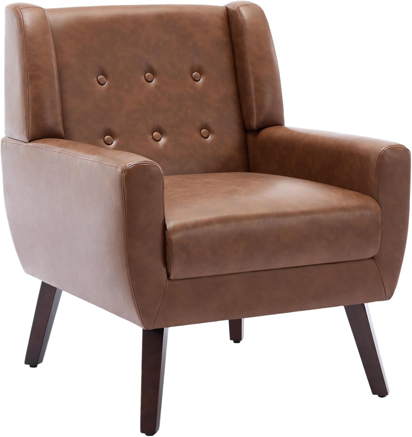 PU Leather Accent Chair, Modern Upholstered Armchair, Coffee | Comfy Wingback Chair with Removable Cushion, Wood Frame, Button Tufted Living Room Chair Bedroom Side Reading Seat