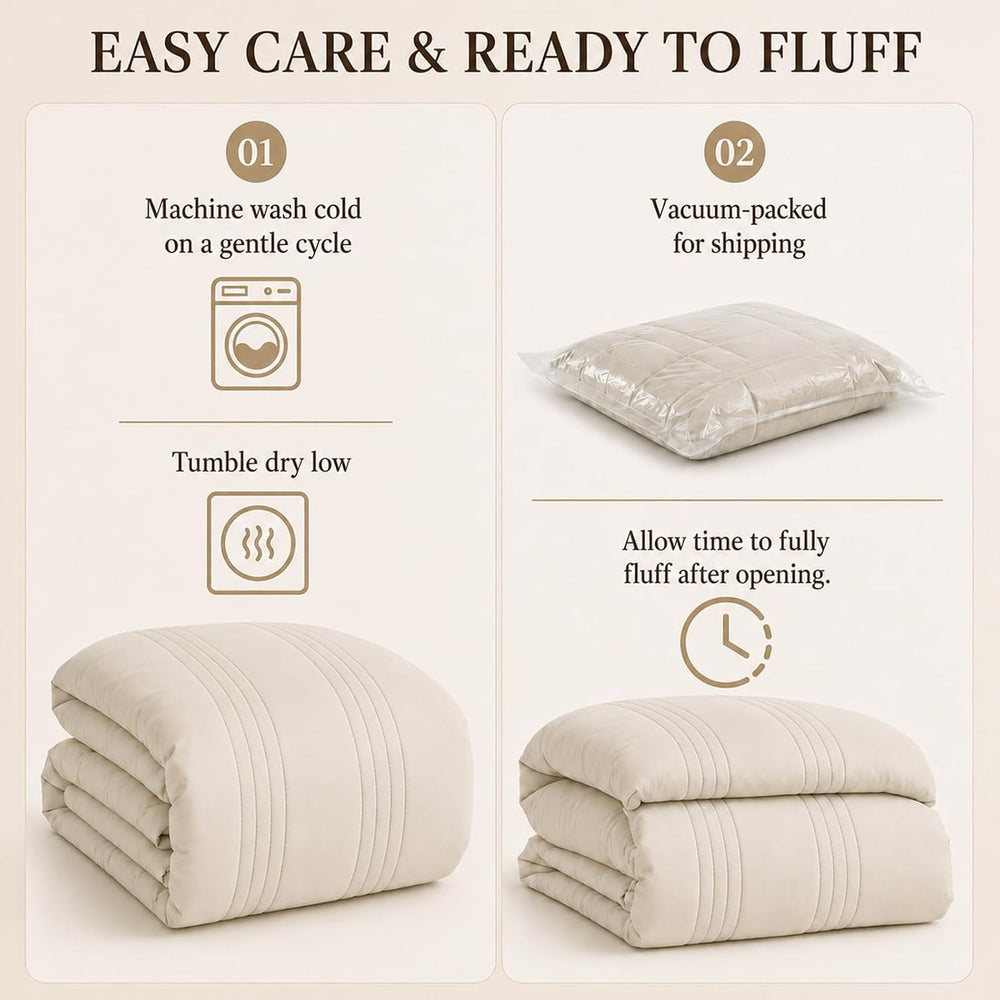 Queen Comforter Set Beige - 7 Pieces Vertical Quilted Bed in a Bag