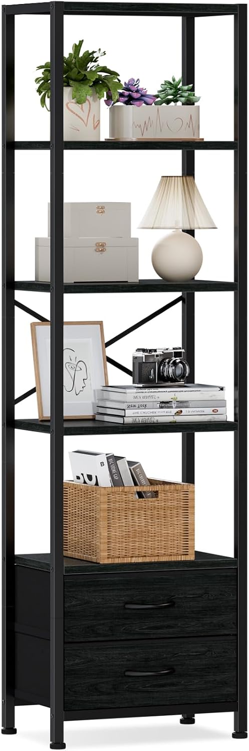 Furnulem 5-Tier Tall Corner Shelf, Narrow Bookshelf with Drawers