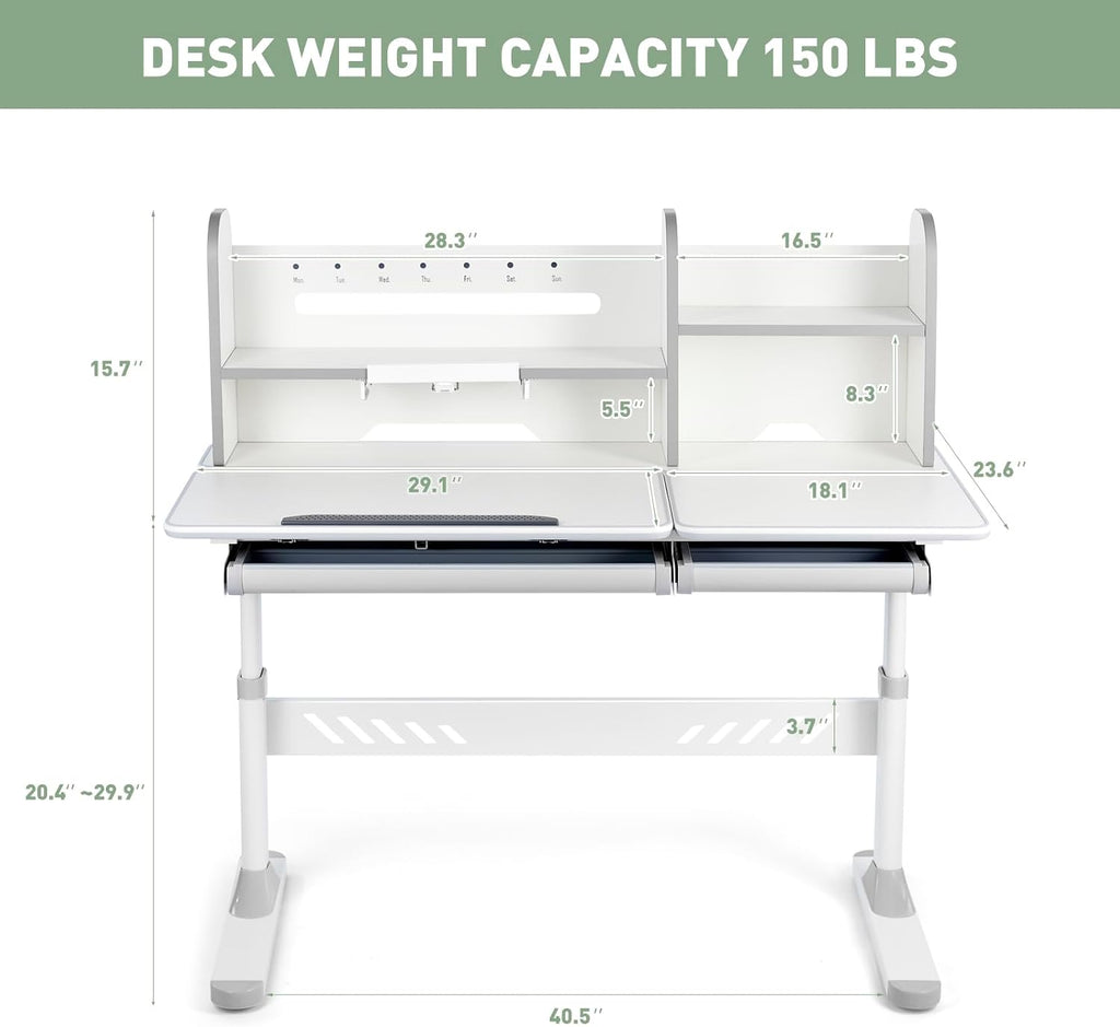 COSVALVE Adjustable Kids Desk with Hutch and Drawers, 47" Wide Multifunction Ergonomic Study Table, with Two Storage Drawer, Tilt Desktop, Height Adjust for Home or School Use, for Girls Boys (Grey)