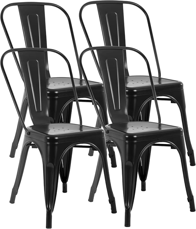 FDW | Metal Dining Chairs | Set of 4 | Black | Stackable Tolix Side Chairs wi...