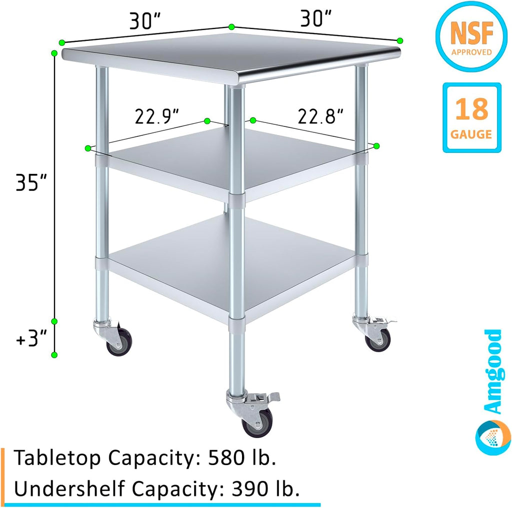 AmGood Stainless Steel Work Table with 2 Shelves and Casters | Metal Utility Table On Wheels (Stainless Steel Work Table with 2 Shelves + Casters, 30" Long x 30" Deep)