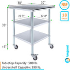 AmGood Stainless Steel Work Table with 2 Shelves and Casters | Metal Utility Table On Wheels (Stainless Steel Work Table with 2 Shelves + Casters, 30" Long x 30" Deep)