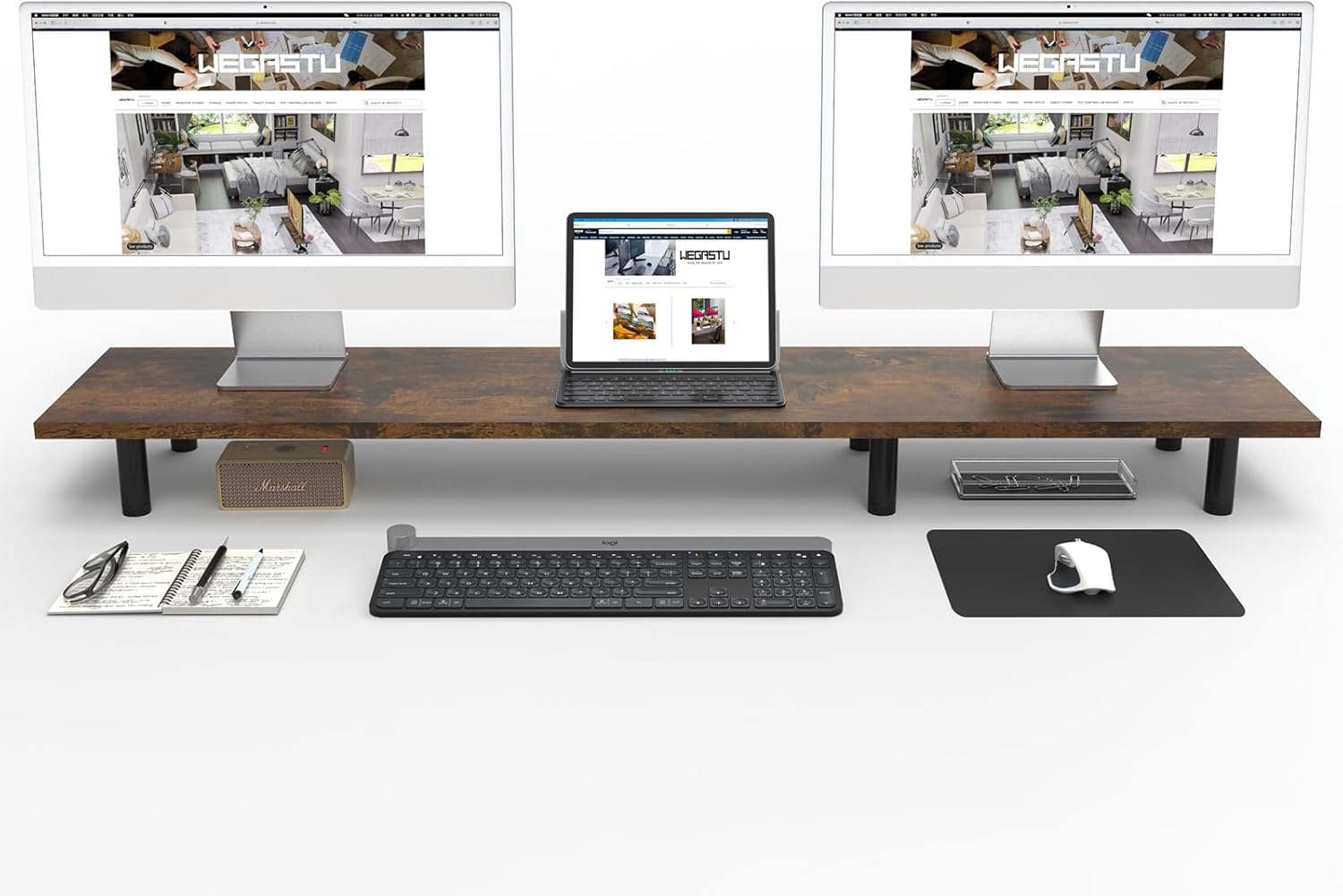 Large Dual Monitor Stand Riser 43.3IN，Vintage Home Office Storage For Desk Accessories，Solid Wod Desk With Adjustable Legs For computer/PC/Laptop/Printer/Container/dressing table