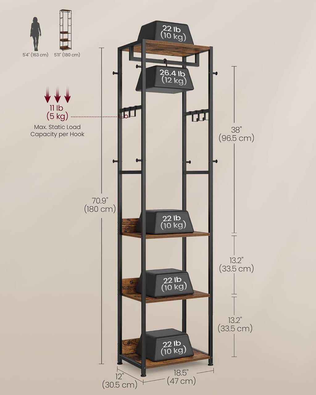 VASAGLE Coat Rack, Freestanding Hall Tree with Shelves, Hanging Rail, and Hooks, Space-Saving Coat Stand, Steel Frame, for Clothing, Bags, Hats, Ink Black and Rustic Brown URCR061BD04