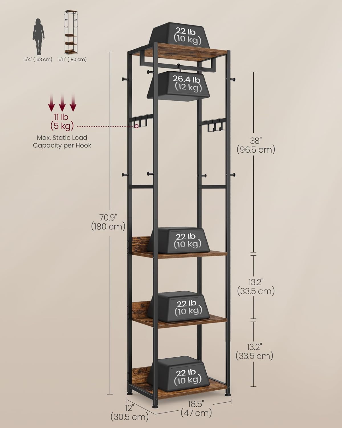 VASAGLE Coat Rack, Freestanding Hall Tree with Shelves, Hanging Rail, and Hooks, Space-Saving Coat Stand, Steel Frame, for Clothing, Bags, Hats, Ink Black and Rustic Brown URCR061BD04