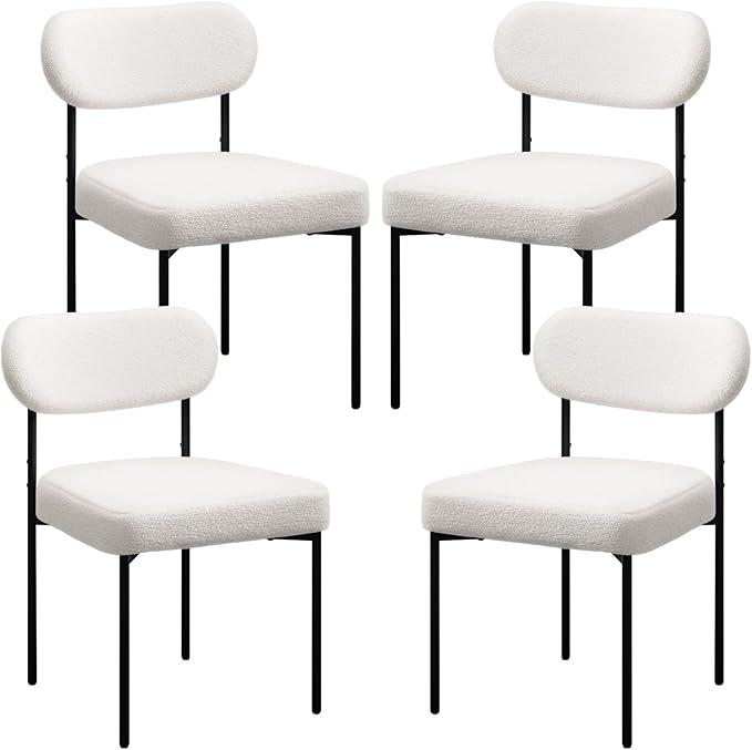 HOMMPA Dining Chairs Set of 4 Boucle Upholstered Kitchen Chairs with Curved Backrest Modern Dinner Chair with Metal Legs for Dining Room Living Room Vanity White