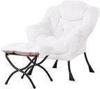 Tiita Lazy Chair with Ottoman, Modern Large Accent Lounge Armchair, Comfy Leisure Sofa Reading Chair with Footrest for Bedroom, Living Room, Dorm Rooms, Garden and Courtyard, Plush White