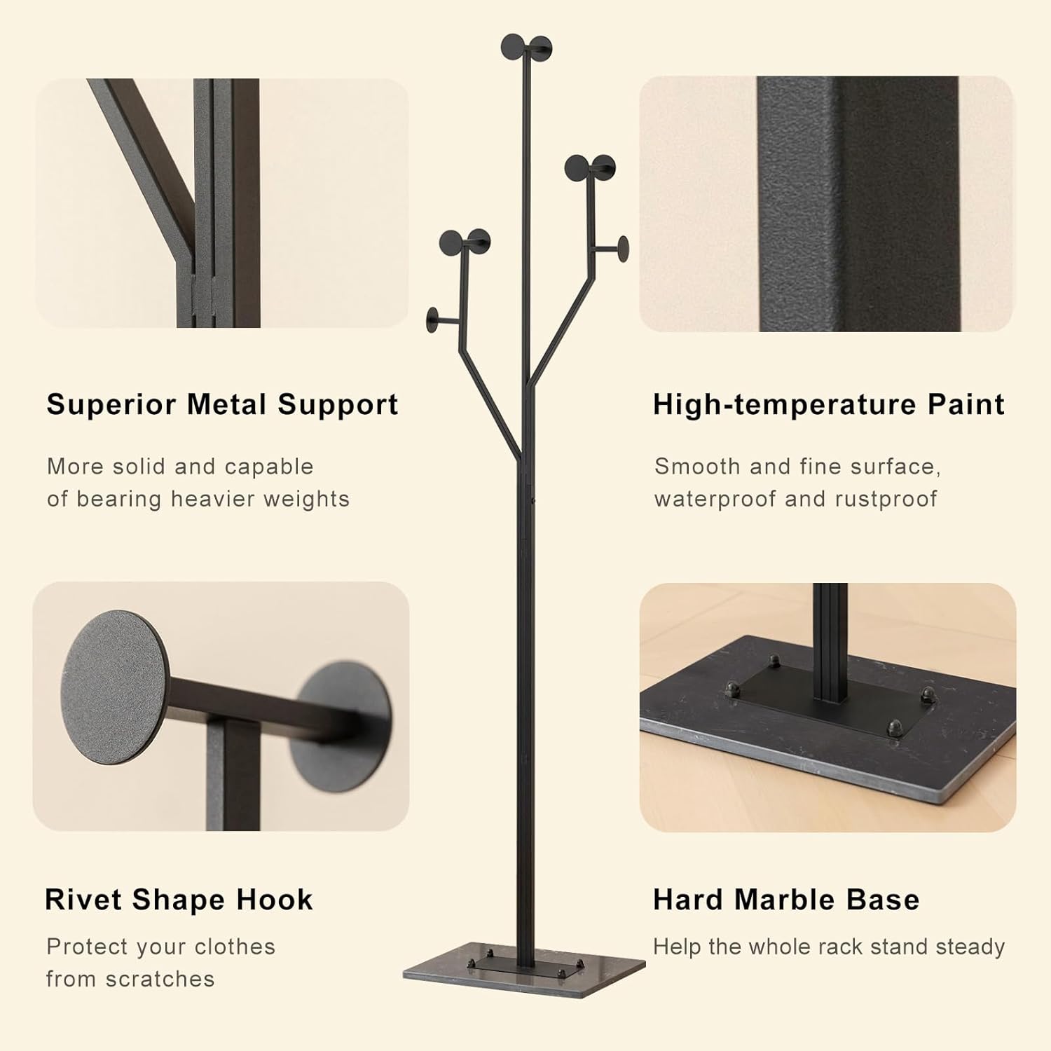 JIAYUEJU Freestanding Coat Rack Tree-shaped Metal Coat Tree with Heavy Duty Marble Base Corner Clothing Rack for Bedroom Entryway Hallway 14.96 x 10.24 x 68.9 Inches (Black)