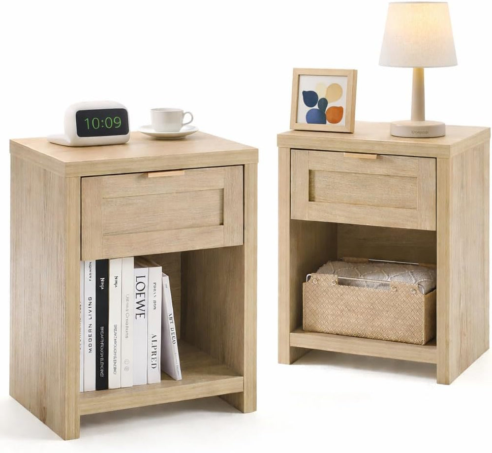 Walsham Natural Nightstands, Light Weathered Oak, 2 Set | Boho Bed Side Table...