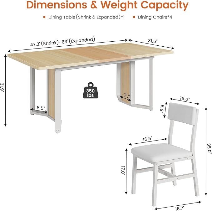 Itaar 5-Piece Dining Table Set for 4-6 People, 63" Extendable Kitchen Table and 4 Cushion Chairs, Dining Room Table with MDF Board & Metal Frame for Small Space, Easy Clean, Natural