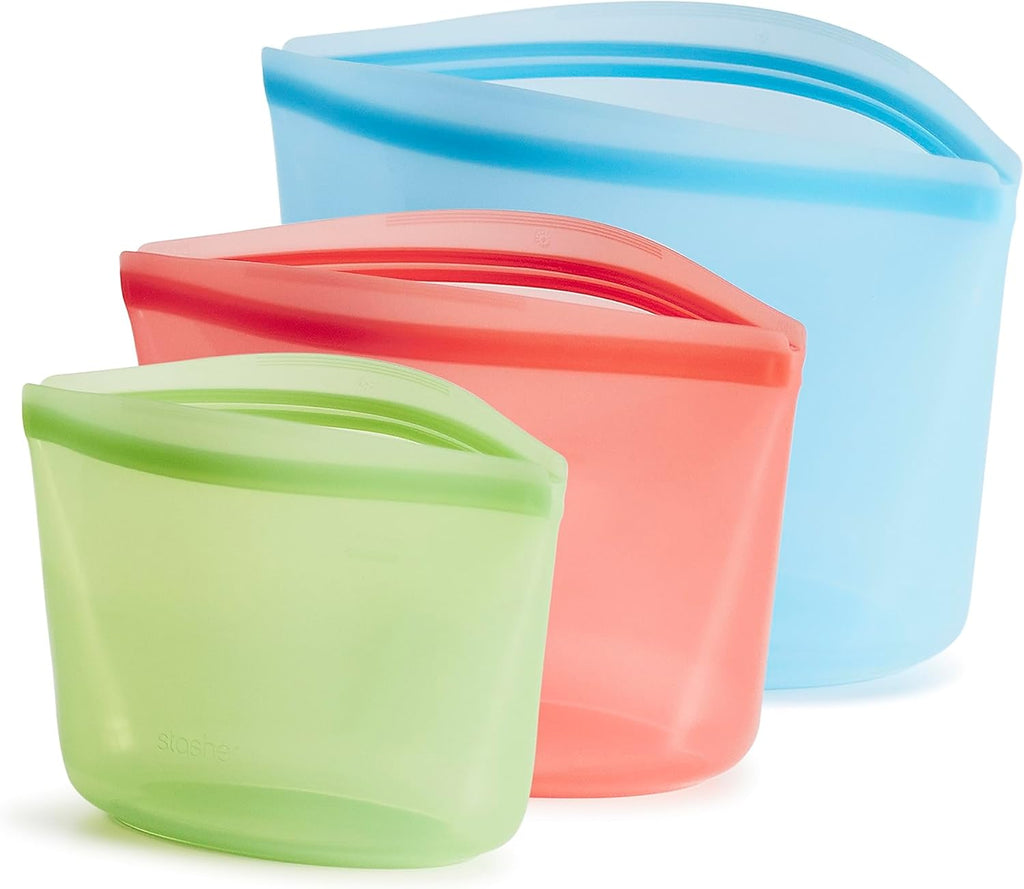 Stasher Premium Silicone Reusable Food Storage Bags, 3-Pack, Multi, Multi-Use Food Storage Bags, Lunch Bag, Travel Containers, BPA Free, Leak-free, Dishwasher-Safe, Eco-friendly