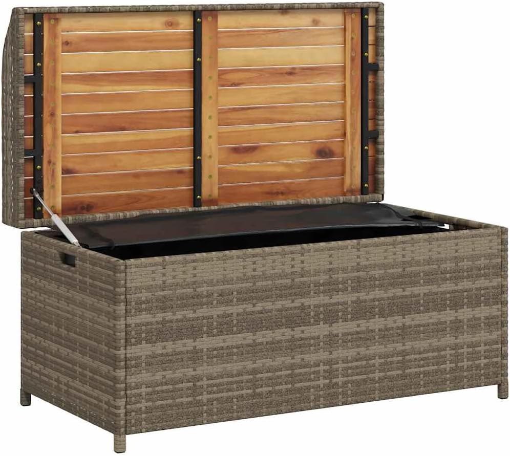 Patio Storage Bench Gray 39.4x19.7x20.5 Inches Poly Rattan and Acacia Wood Ou...