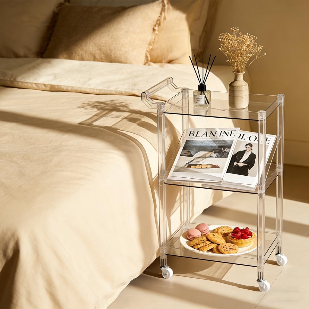 Acrylic Utility Rolling Cart, 3-Tier Clear Acrylic Storage Cart with Pulling Handle & 4 Wheels for Kitchen Dining Bathroom Laundry, Multifunction Serving Trolley for Small Spaces (Transparent)