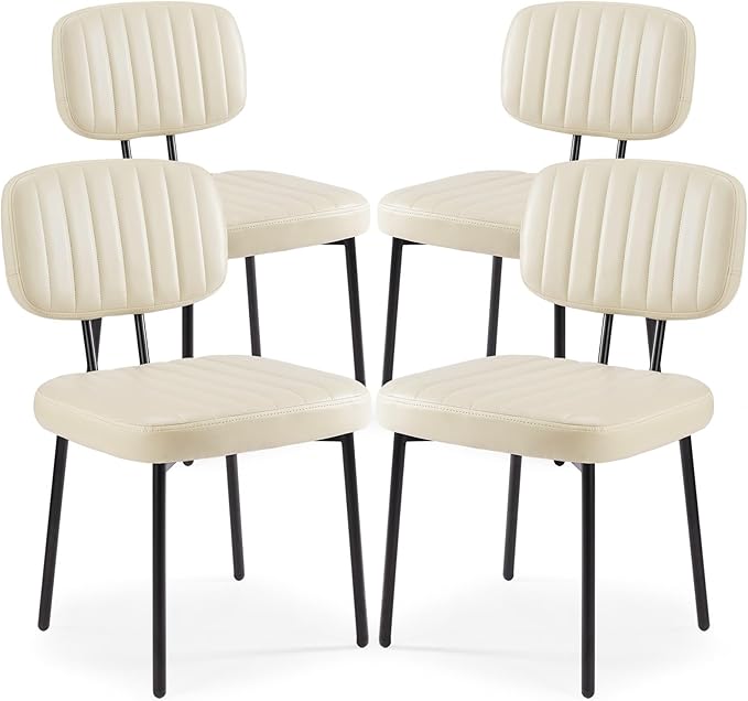 Sweetcrispy Dining Chairs Set of 4, Upholstered Mid Century Modern Kitchen Dining Room Accent Chairs with Faux Leather Cushion Seat & Metal Legs for Kitchen, Living Room - Beige White