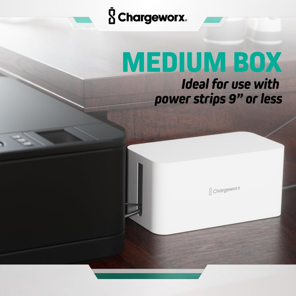 ChargeWorx Cable-Management Box Set, Cord Organizer, Cable Box to Hide Surge Protectors and Power Strips, Desk and Floor Cord Management, Home Office and TV Wire Concealer, White