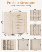 TORIBIO Jewelry Box for Women, Leather Jewelry Organizer with Mirror & Lock, 5-Tier Jewelry Storage Organizer with 4 Drawers for Girls/Women/Mothers, Necklace Earring Bracelets Holder Organizer