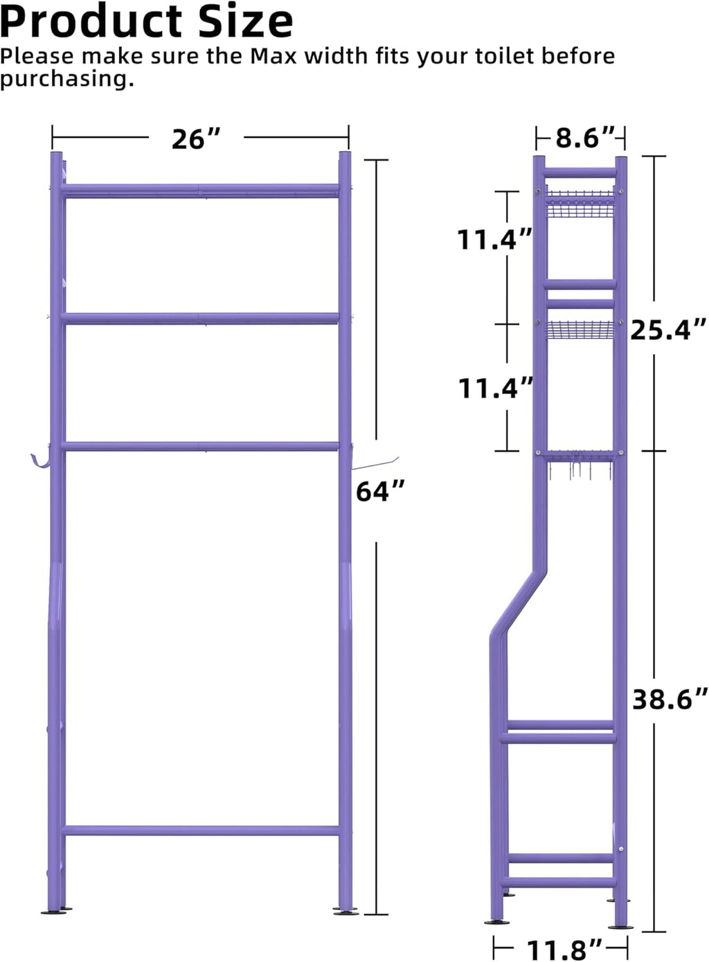 3-Tier Over The Toilet Storage, Freestanding Metal Bathroom Shelves with 4 Hooks, Over Toilet Storage Shelf with Paper Holder, Above The Toilet Shelf for Bathroom Storage, Purple