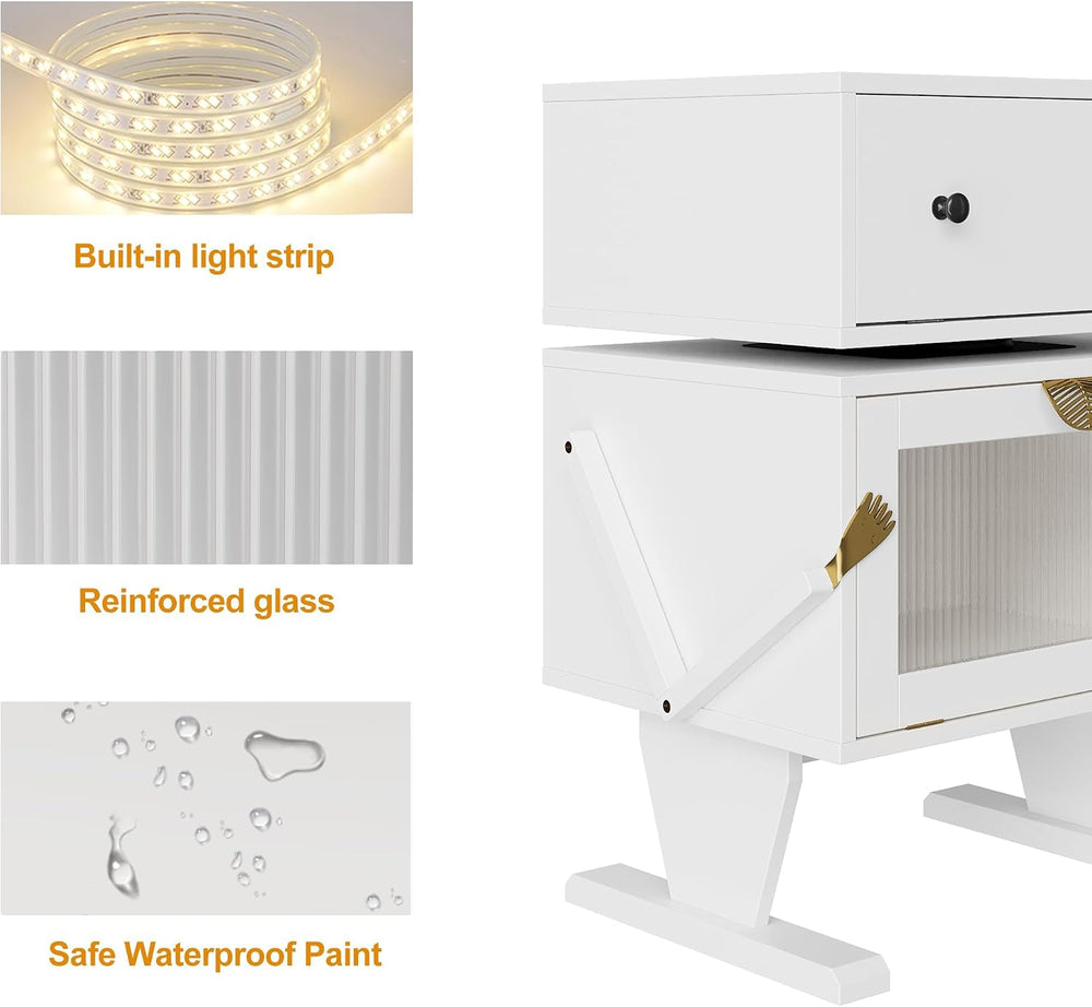 RoyalCraft Large Nightstand with LED Lights, White Robot Nightstand | End Tab...