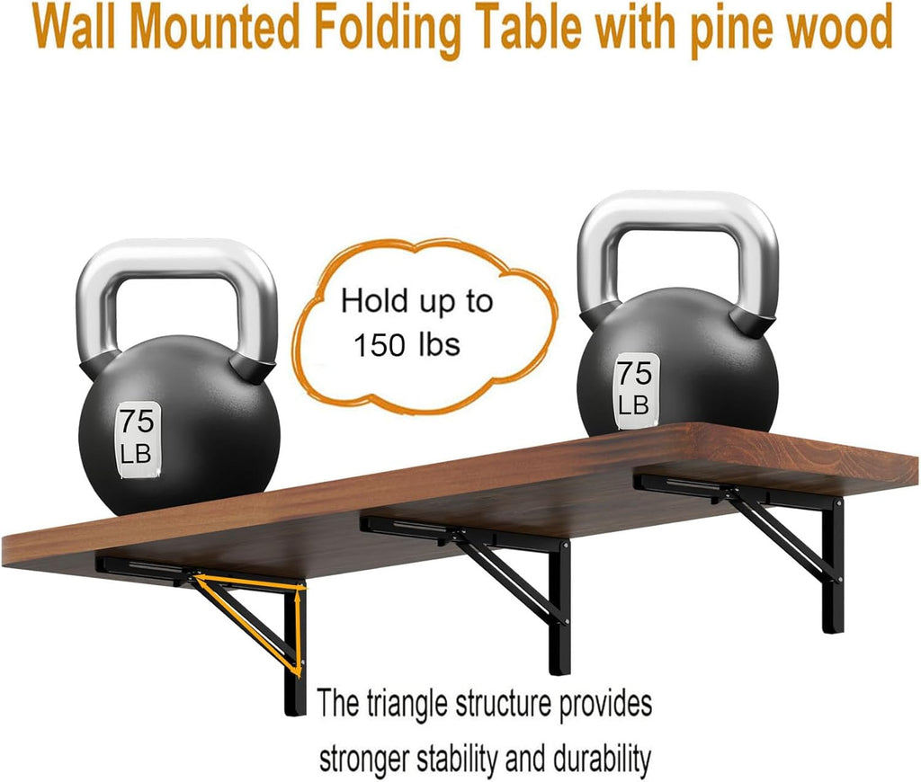IAE Wall Mounted Folding Table with Pine Wood,48" x 16" Floating Wall Desk,Laundry Folding Table with Shelf Brackets,Fold Down Desk Shelf,Folding Workbench for Home,Dining,Laundry Room,Kitchen,Teak