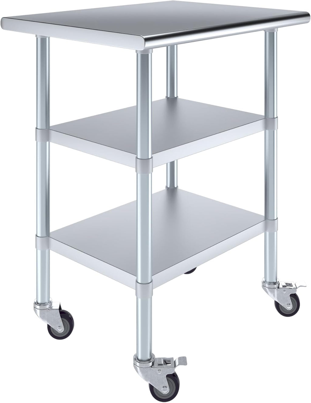 AmGood Stainless Steel Work Table with 2 Shelves and Casters | Metal Utility Table On Wheels (Stainless Steel Work Table with 2 Shelves + Casters, 30" Long x 24" Deep)