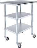 AmGood Stainless Steel Work Table with 2 Shelves and Casters | Metal Utility Table On Wheels (Stainless Steel Work Table with 2 Shelves + Casters, 30" Long x 24" Deep)